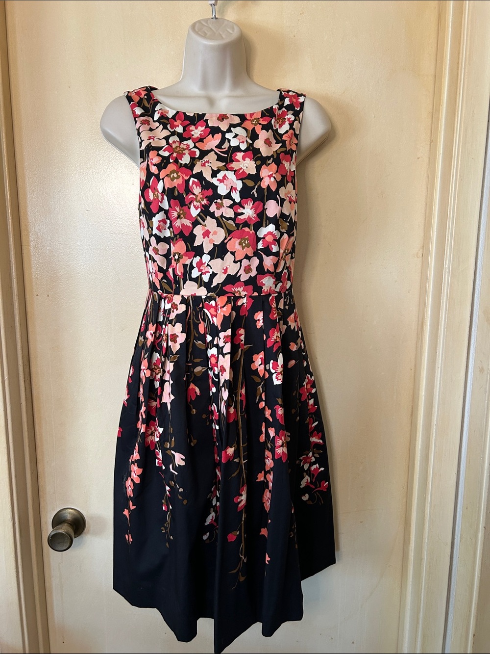 Talbots Black Midi Dress with Pink and Cream Cascading Floral Print size 2P